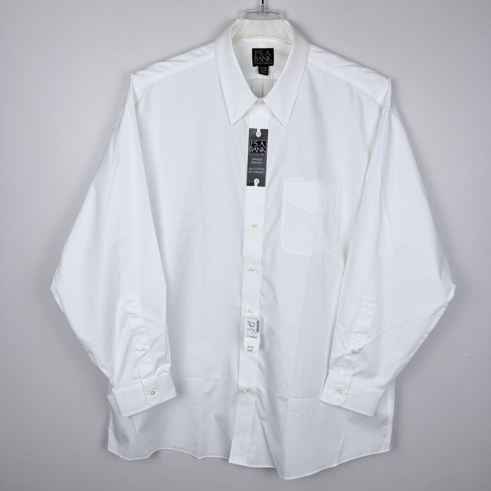 Jos A Bank Dress Shirt 17.5/34 White Traveler Pinpoint Cotton No Wrinkles NEW